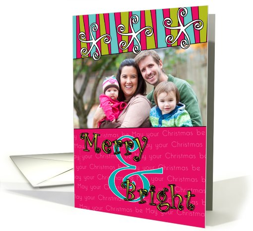 Photo Card Christmas Merry and Bright in Green Red and Aqua card