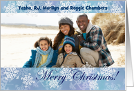Merry Christmas Photo Card Batik Look Snowflakes on Blue card