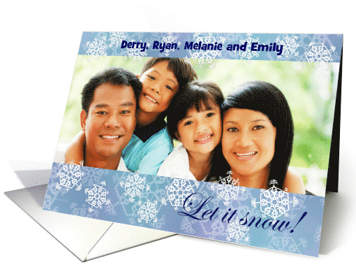 Christmas Photo Card Let it Snow Batik Look Snowflakes on Blue card