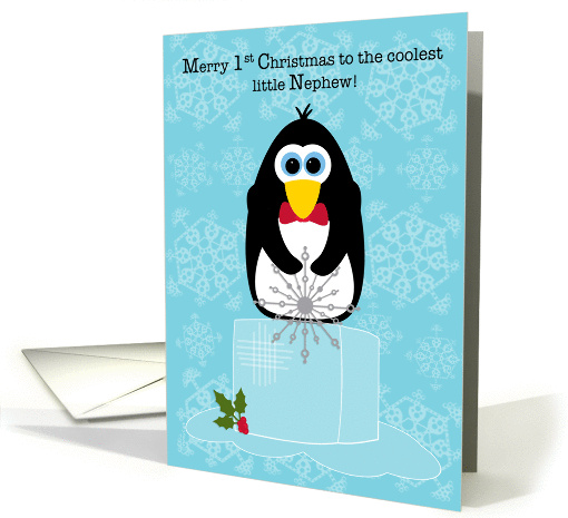 Baby's First Christmas Nephew with Penguin on an Ice Cube on Blue card