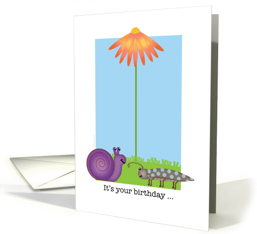 Funny Bug and Snail Happy Birthday Friend with Orange Daisy card