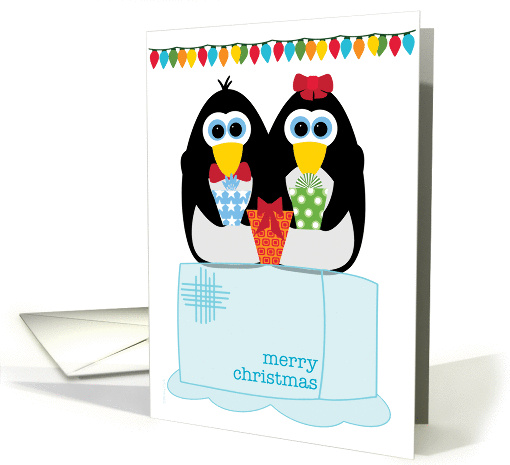 Merry Christmas Cute Penguins on Ice with Lights and Gifts card