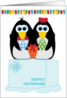 Merry Christmas Cute Penguins on Ice with Lights and Gifts card