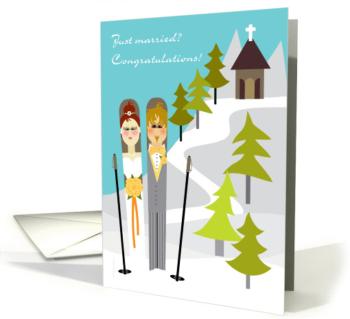 Wedding Congratulations Snow Skiing Bride and Groom Skis Church card