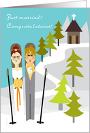 Wedding Congratulations Snow Skiing Bride and Groom Skis Church card