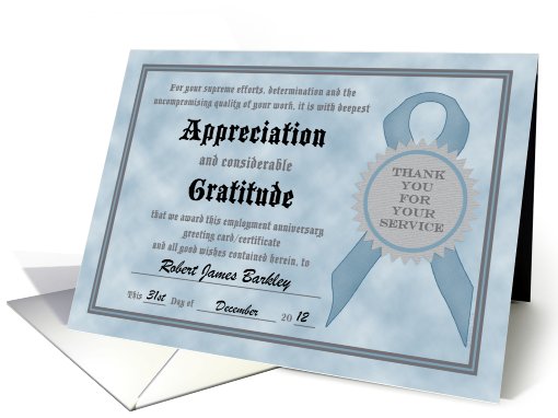 Employment Anniversary Thank You Funny Customizable Certificate card