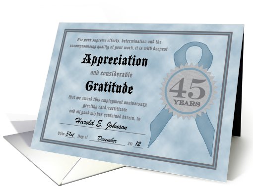 Employment Anniversary 45 Years Funny Customizable Certificate card