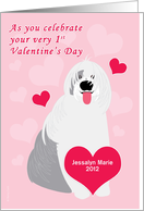 Baby Girl First Valentine’s Day Sheepdog Customizable Text on Pink card