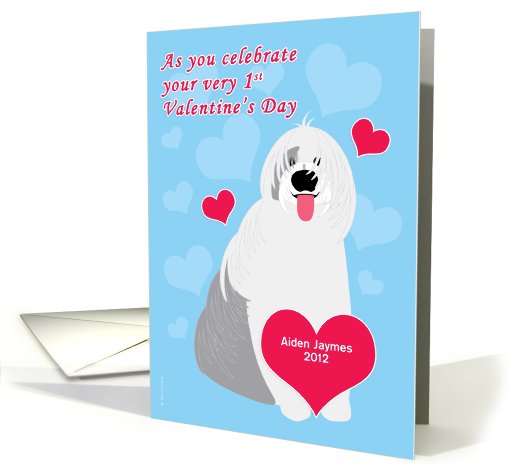 Baby Boy First Valentine's Day Sheepdog Customizable Text on Blue card