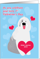 Baby Boy First Valentine’s Day Sheepdog Customizable Text on Blue card