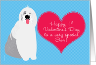 Son Baby’s First Valentine’s Day with Cute Dog on Blue card