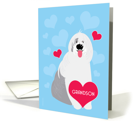 Grandson Valentine's Day Cute Dog Old English Sheepdog Red Hearts card