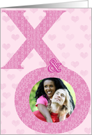 Valentine’s Day Kisses and Hugs XO Photo Card on Pink Heart Background card