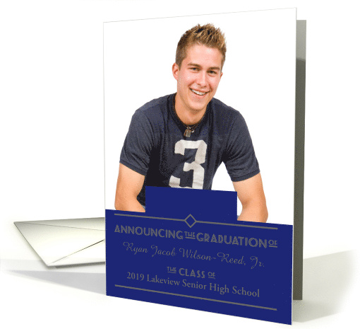 High School Graduation Custom Photo Announcements Blue Art Deco card