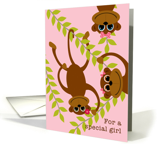 Girls Valentine's Day Monkey on Swinging Vine Valentine card (895946)