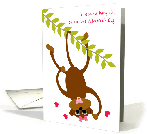 Baby Girl First Valentine's Day Monkey on Swinging Vine Valentine card
