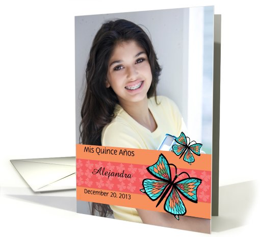 Quinceanera Photo Invitation Butterflies on Bold Orange and Coral card