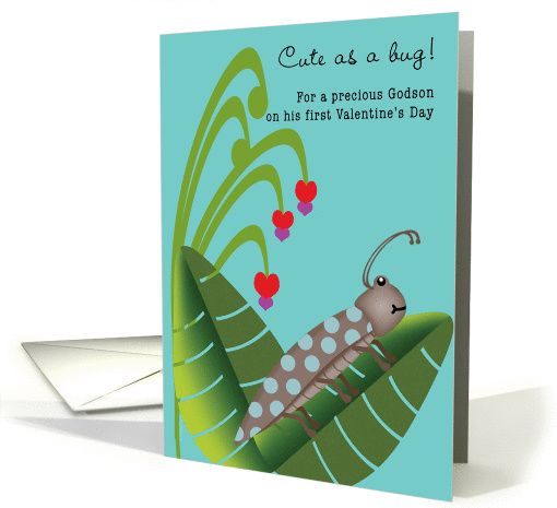 Godson First Valentine's Day Cute Beetle Bug on Leaf with Flowers card