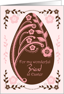 Happy Easter Friend Folk Art Chocolate and Pink Floral Egg card