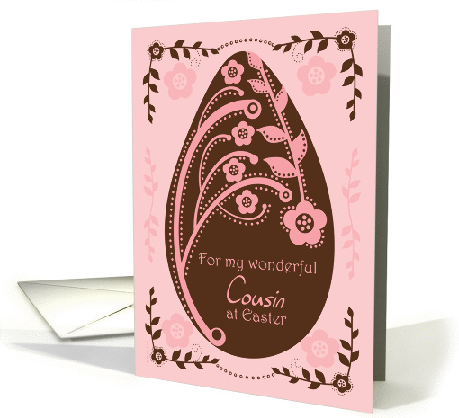 Happy Easter Female Cousin Folk Art Chocolate and Pink Floral Egg card