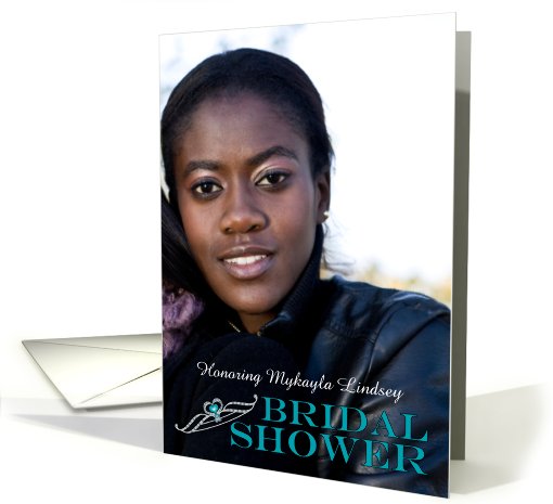 Bridal Shower Invitation Full Bleed Photo with Tiara in Aqua Blue card