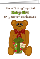 Baby Girl First Christmas with Teddy Bear Holding Present card