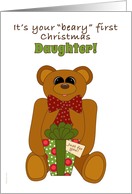 Daughter First Christmas with Teddy Bear Holding Present card