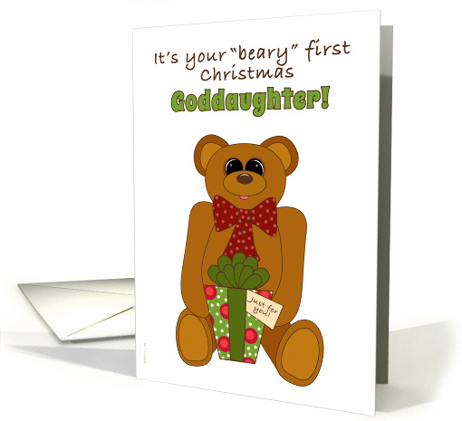 Goddaughter First Christmas with Teddy Bear Holding Present card