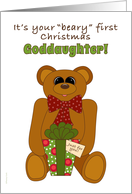 Goddaughter First Christmas with Teddy Bear Holding Present card