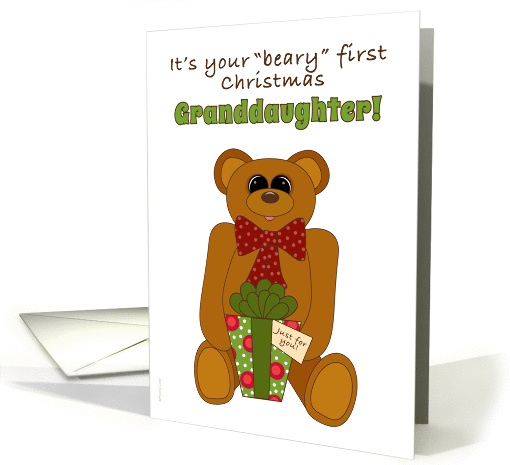 Granddaughter First Christmas with Teddy Bear Holding Present card