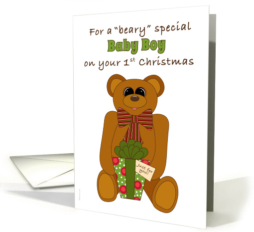 Baby Boy First Christmas with Teddy Bear Holding Present card (945556)