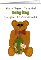 Baby Boy First Christmas with Teddy Bear Holding Present card