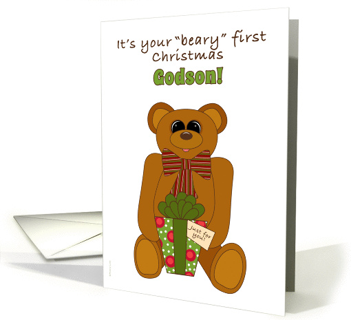 Godson First Christmas with Teddy Bear Holding Present card (945557)