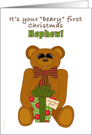 Nephew First Christmas with Teddy Bear Holding Present card