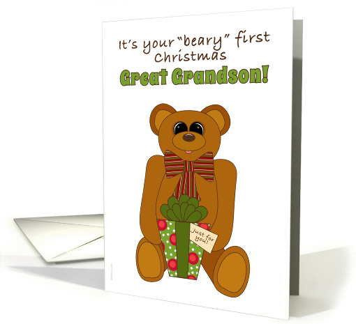 Great Grandson First Christmas with Teddy Bear Holding Present card