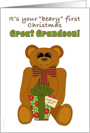 Great Grandson First Christmas with Teddy Bear Holding Present card