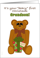 Grandson First Christmas with Teddy Bear Holding Present card