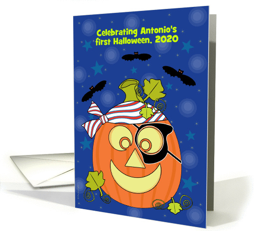 Baby Boy First Halloween Custom Text Pumpkin Pirate and Bats card