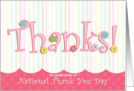 National Thank You Day Whimsical Flowers Pink Text Stripes and Dots card