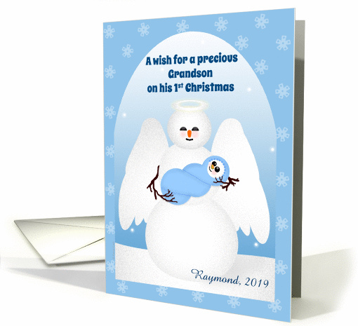 Grandson Christmas Baby's First Custom Name Snow Angel on Blue card