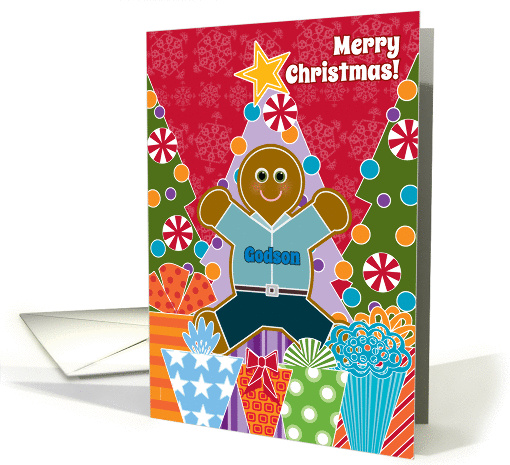 Godson Christmas Gingerbread Boy Cookies Trees Presents and Candy card