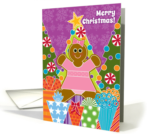 Christmas Gingerbread Girl Cookie Trees and Presents on Purple card