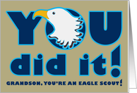 Grandson Eagle Scout Congratulations Eagle Head Blue Text on Khaki card
