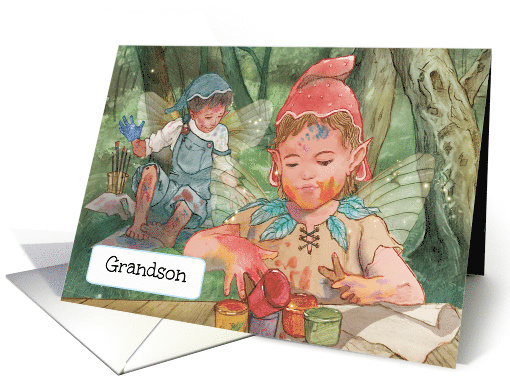 Happy Birthday Grandson Elf Boys Painting card (1726534)