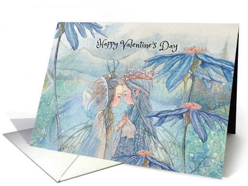 Fairy Couple Amongst Tall Blue Flowers Happy Valentine's Day card