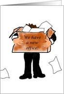 Man with Falling Papers New Office Announcement card