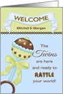 The Twins are Here, Welcome Babies - Custom Name Rattle card