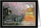 Happy Anniversary Couple Walking by Lake in Park with Cherry Trees card