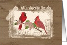 With sincere thanks, rustic barnwood redbirds card