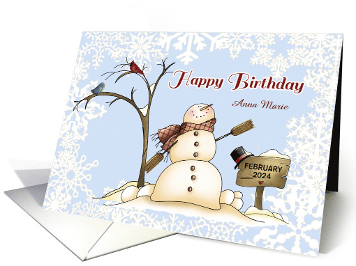 Customized Happy Birthday February w/Name - Snowman card (1010059)
